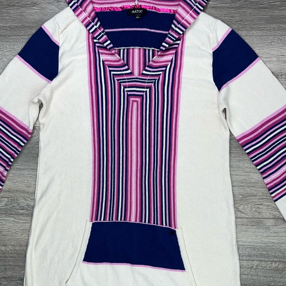 Matix Hooded Beach Coverup Large | Hooded Sweater Coverup L Cream Blue Pink - Picture 9 of 15
